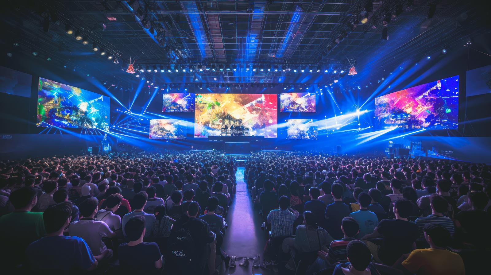 大型スクリーンのあるeスポーツ会場で熱狂する観客たち
