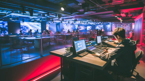 eスポーツ施設でPCゲームをプレイする参加者と運営スタッフ