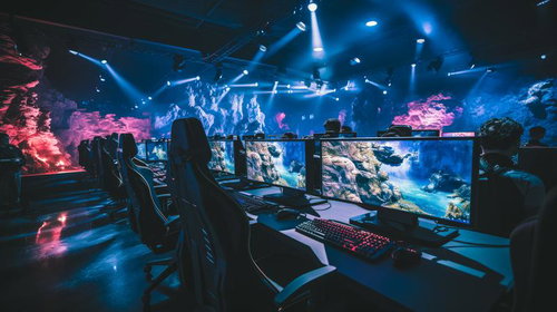 青とピンクのライティングが施されたeスポーツ施設のゲーミング環境