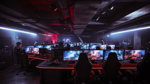 薄暗い室内に並んだeスポーツ施設のゲーミング環境