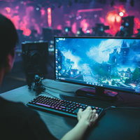 eスポーツ大会で対戦中のゲーマーの集中力の写真