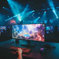 暗い会場でプレイするeスポーツ予選大会の対戦風景の写真