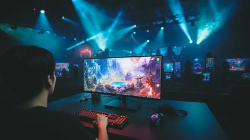 暗い会場でプレイするeスポーツ予選大会の対戦風景