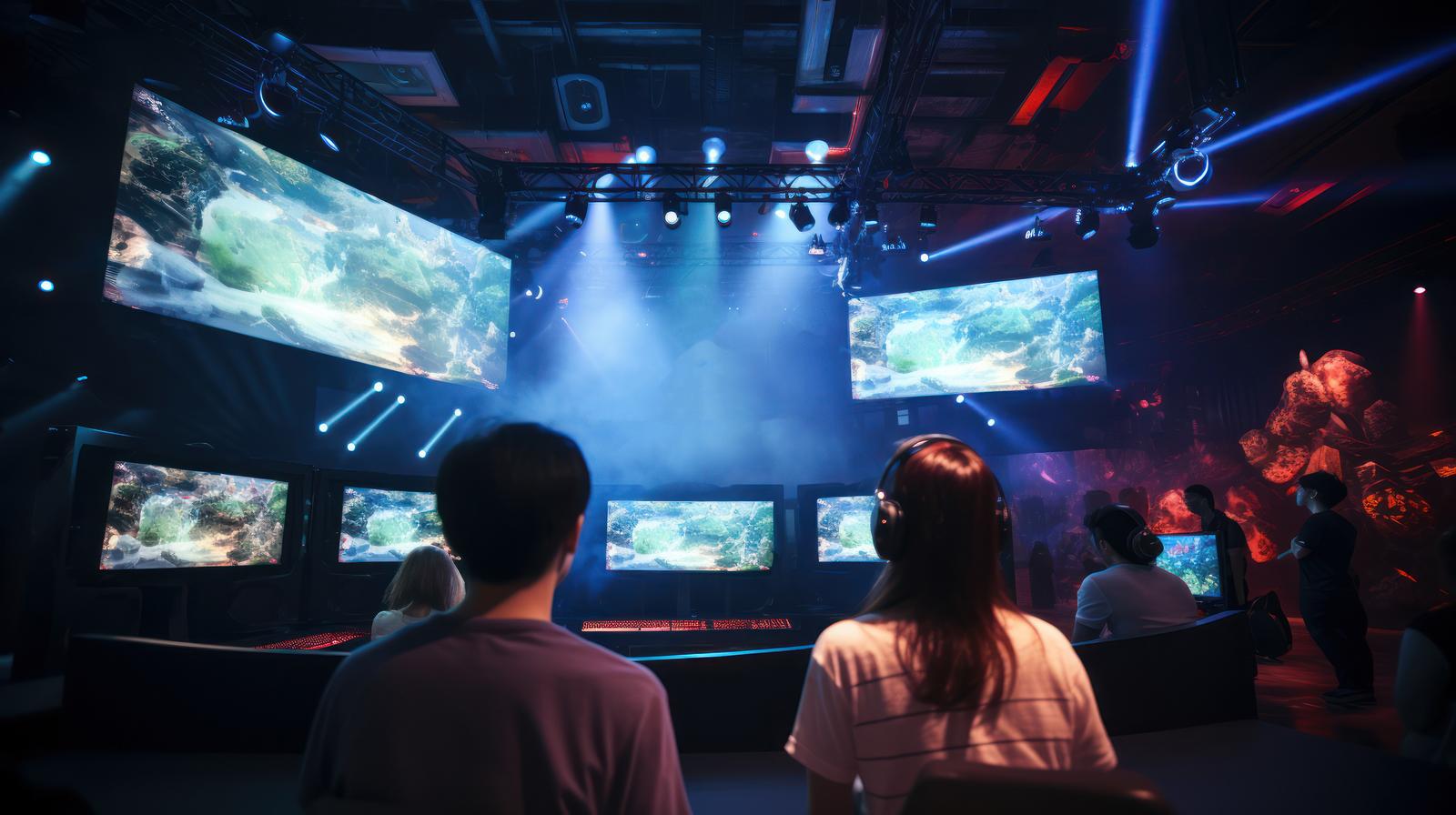 巨大スクリーンの前で試合を観戦し応援するeスポーツイベントの観客たち