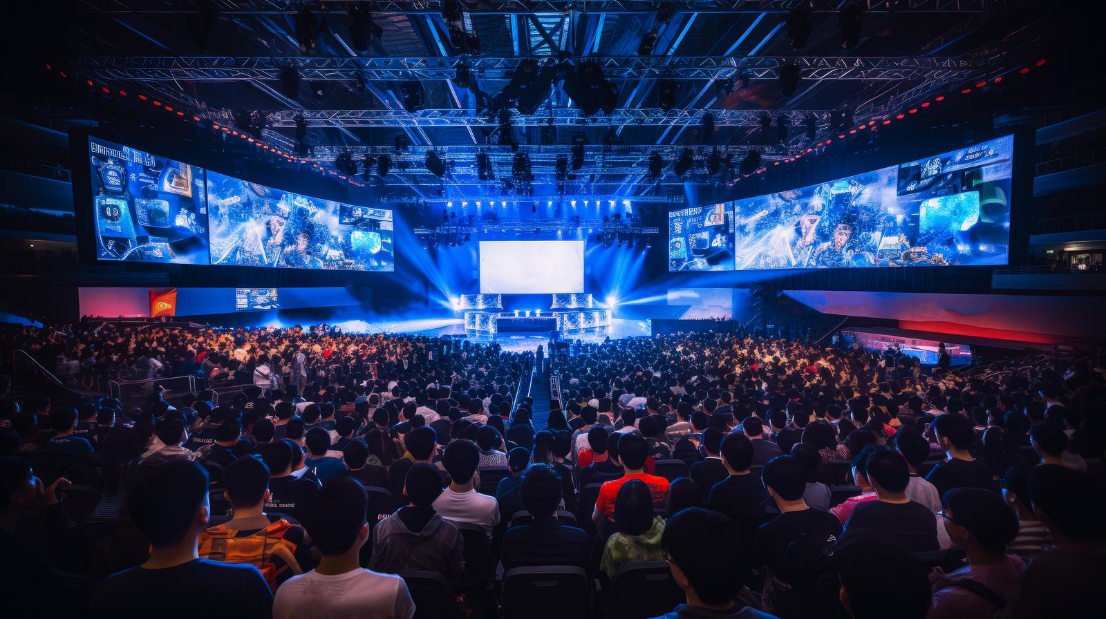 大型スクリーンのあるeスポーツ会場で満席の観客席