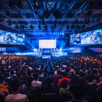 大型スクリーンのあるeスポーツ会場の満席の写真