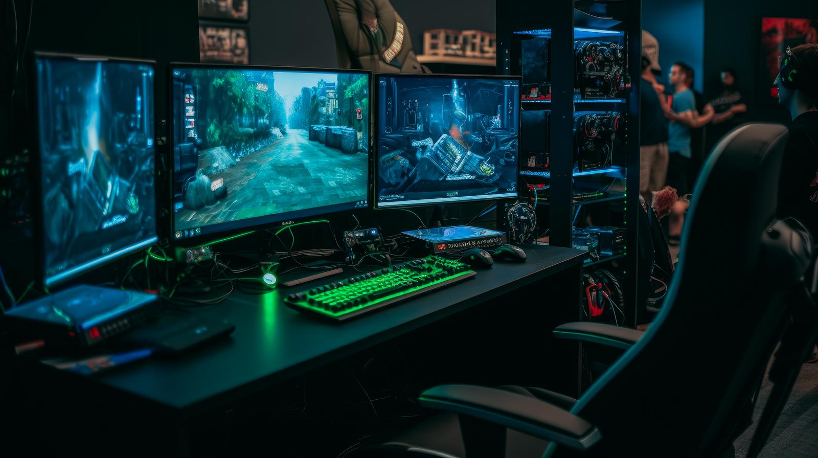 3台のモニターが並ぶデスクでゲームをプレイするプロゲーマー