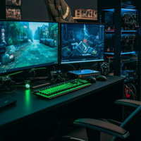 プロゲーマー向けトリプルモニターのゲーミングPC環境の写真