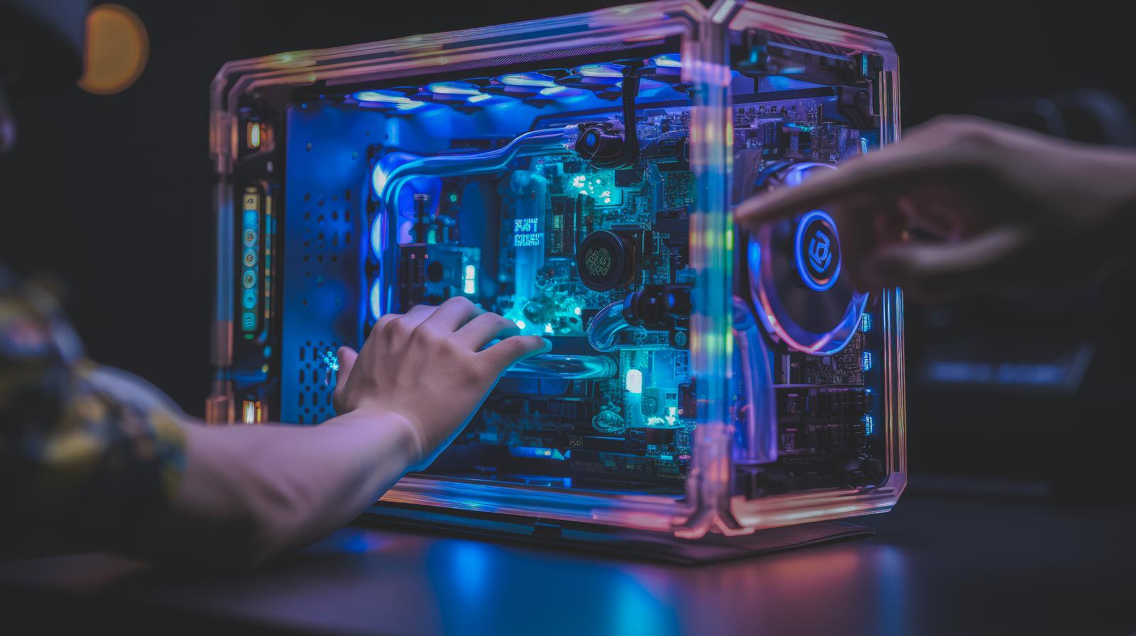 透明ケースに青いLEDが光るゲーミングPCの内部
