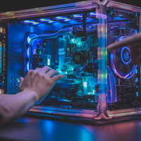 青いLEDが光る透明ケースのゲーミングPCの写真