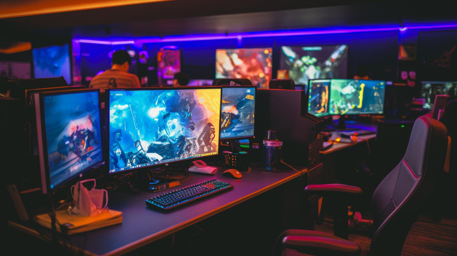 複数のモニターと紫色LED照明が設置されたゲーミングPCのセットアップ