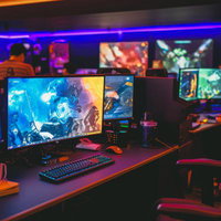 紫色LED照明が映るeスポーツ施設のゲーミングPCの写真