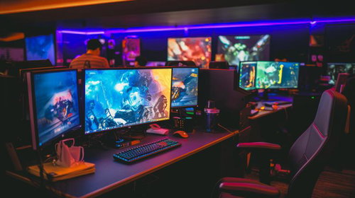 紫色LED照明が映るeスポーツ施設のゲーミングPC