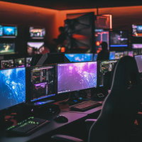 オレンジ照明に照らされたモニターがぎっしり並んだeスポーツ施設の写真