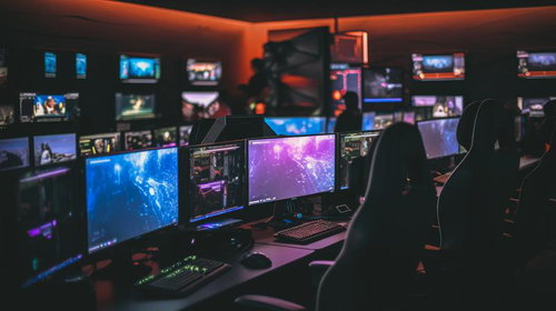 オレンジ照明に照らされたモニターがぎっしり並んだeスポーツ施設