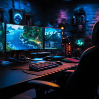 PVPゲーム用の複数モニター配置デスクPCの写真