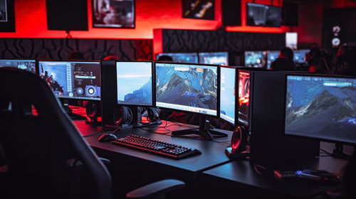 eスポーツ施設にある複数モニターのゲーミングデスク