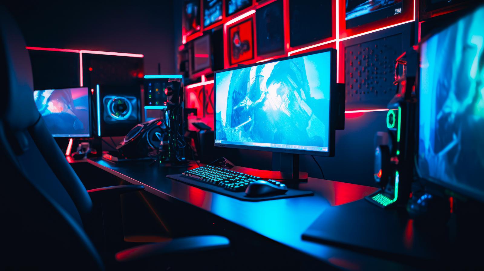 ネオンライトで照らされた複数のモニターとゲーミングPCが配置されたデスク環境