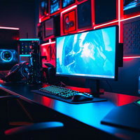ネオンライトに照らされたゲーミングPCに囲まれた施設の写真