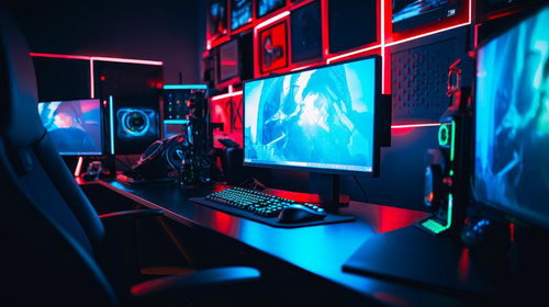 ネオンライトに照らされたゲーミングPCに囲まれた施設