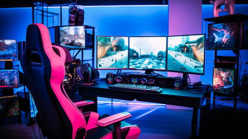 ピンク照明とRGB照明が輝くゲーミング環境の部屋