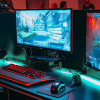 複数モニターを備えたPCゲーマーのプレイ環境の写真