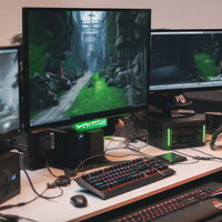 複数モニター環境でオンライン対戦中のプロゲーマーの写真