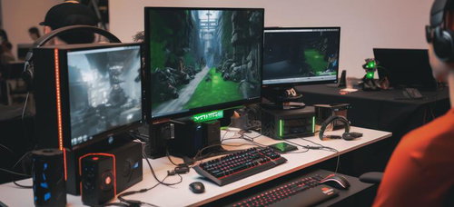 複数モニター環境でオンライン対戦中のプロゲーマー