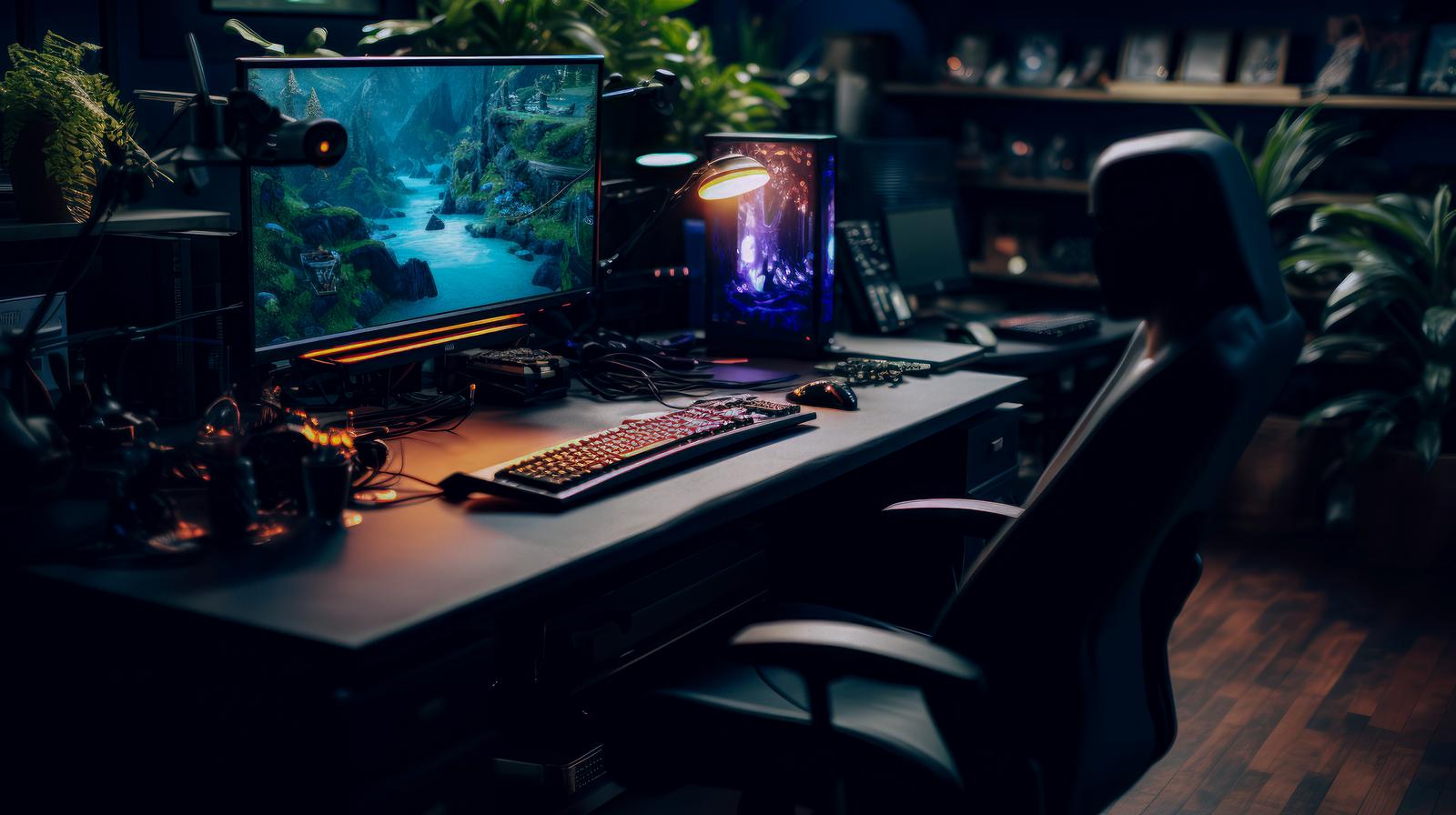 観葉植物に囲まれたゲーミングPC環境のデスク
