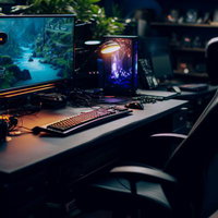 観葉植物に囲まれたゲーミングPC環境のデスクの写真