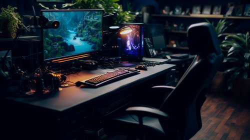 観葉植物に囲まれたゲーミングPC環境のデスク