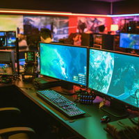 eスポーツ施設のゲーミングモニターとカラフルライティングの写真