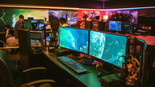 eスポーツ施設のゲーミングモニターとカラフルライティング