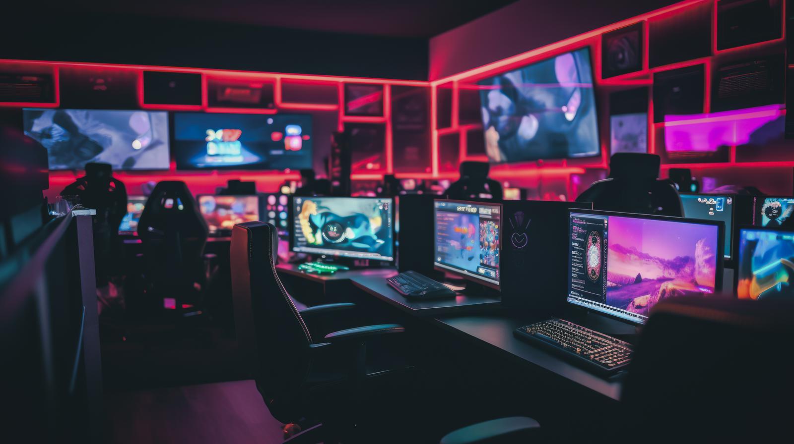 eスポーツ施設でピンクや紫のライティングに照らされたゲーミングPC