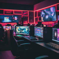 eスポーツ施設のゲーミングPC環境とマルチモニター競技設営の写真