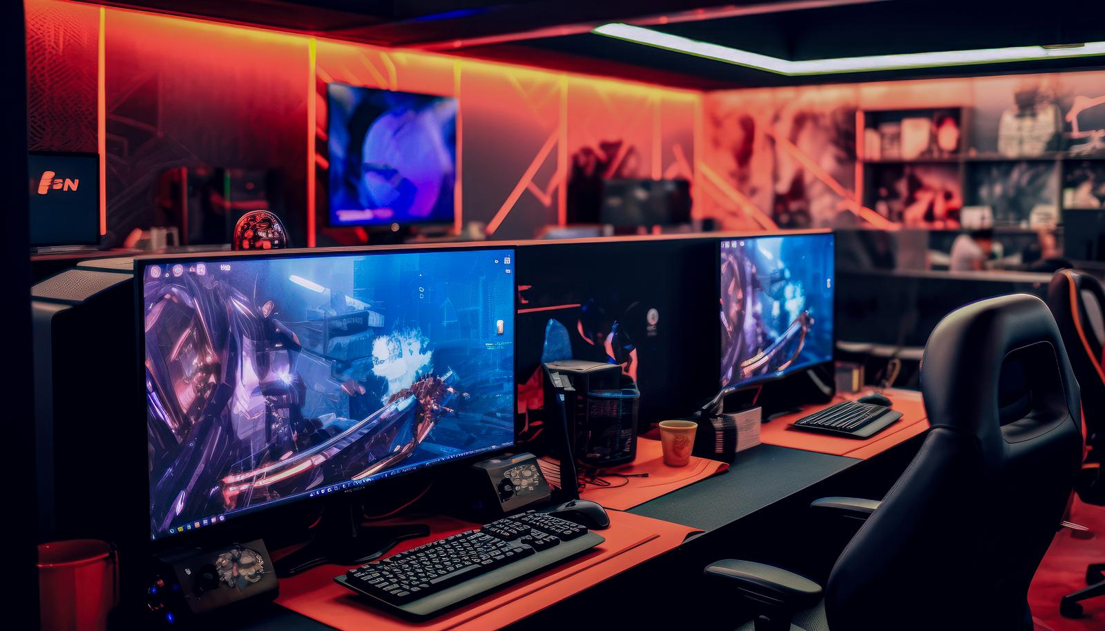 eスポーツ施設風の室内に複数のゲーミングPCとモニターが並んだ環境