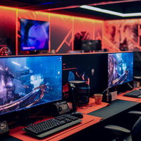 eスポーツ施設で並んだ複数のゲーミングPC環境の写真