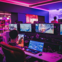 eスポーツの大会をモニタリングするスタッフと複数画面の写真