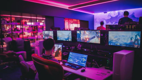 eスポーツの大会をモニタリングするスタッフと複数画面