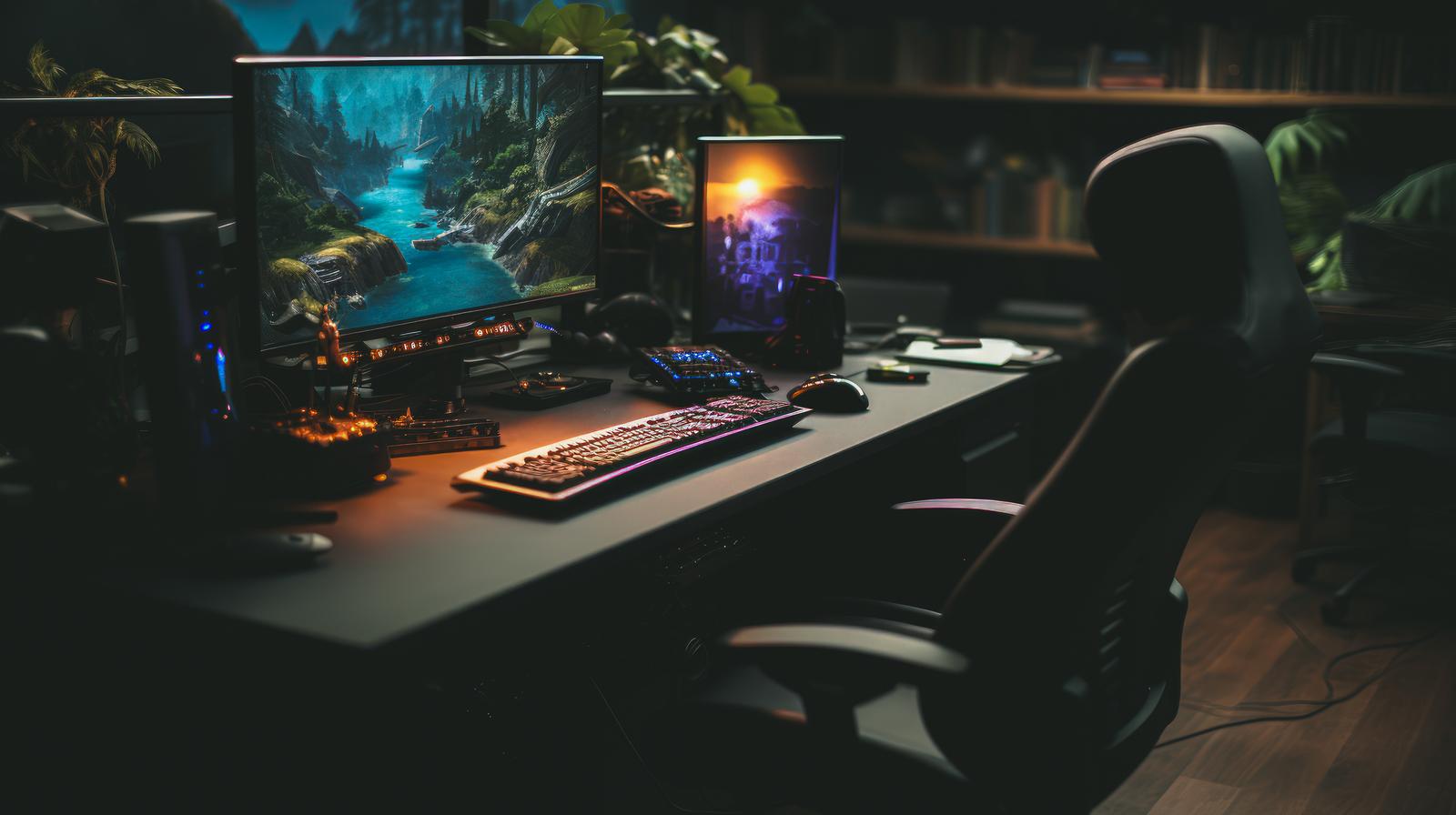 暗い部屋に設置された複数のモニターとデスクトップPC