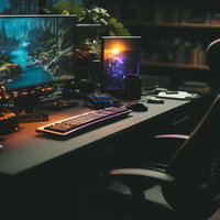 複数モニターが配置されたデスクトップゲーミング部屋の写真