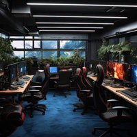 観葉植物に囲まれたeスポーツ施設のゲーミングルームの写真
