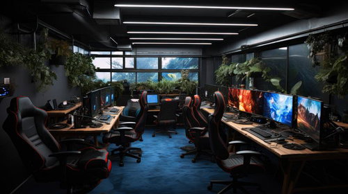 観葉植物に囲まれたeスポーツ施設のゲーミングルーム