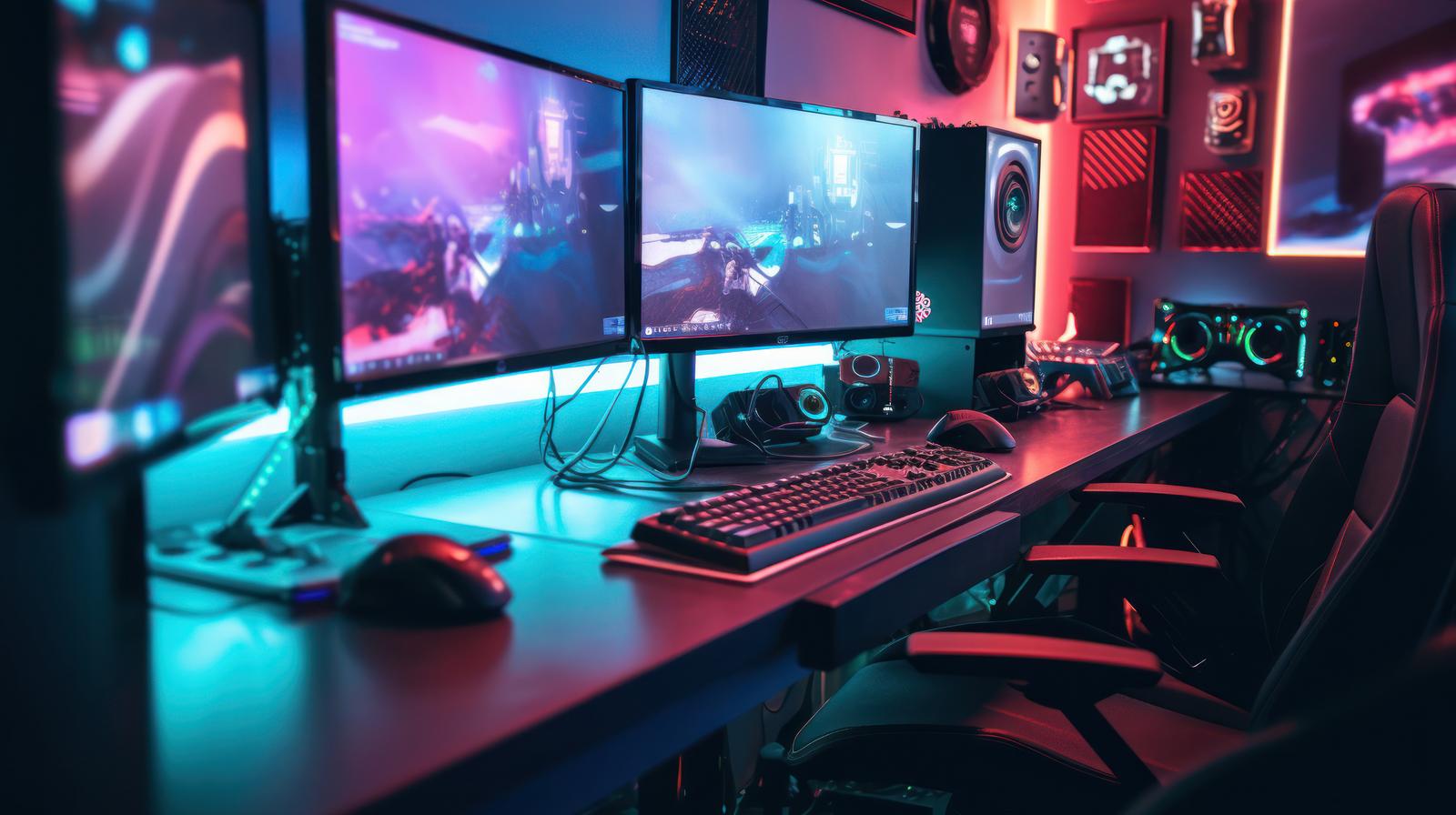 RGB照明が光るゲーミングデスクトップパソコンとデュアルモニター