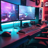 赤とピンク色に光るRGBゲーミングデスクトップパソコンの写真