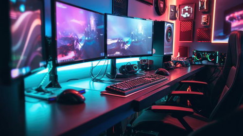 赤とピンク色に光るRGBゲーミングデスクトップパソコン