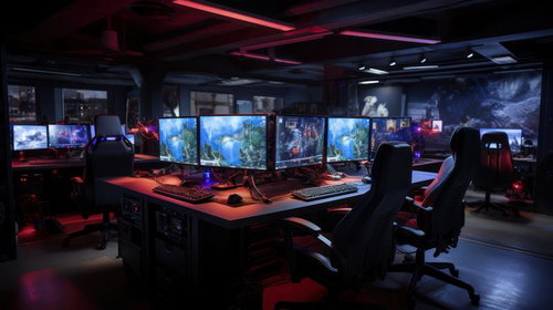 薄暗いeスポーツ施設の赤い照明が照らすゲーミング空間