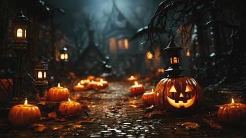 カボチャの灯り ジャック・オー・ランタンとお化け屋敷の夜