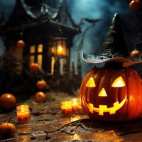 魔女の帽子をかぶった大きなかぼちゃおばけのハロウィンの写真