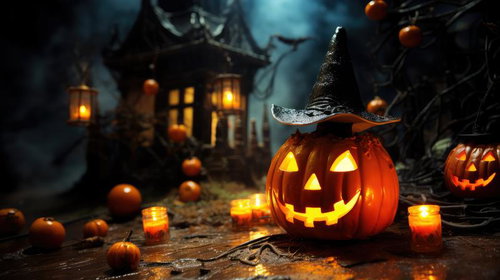 魔女の帽子をかぶった大きなかぼちゃおばけのハロウィン